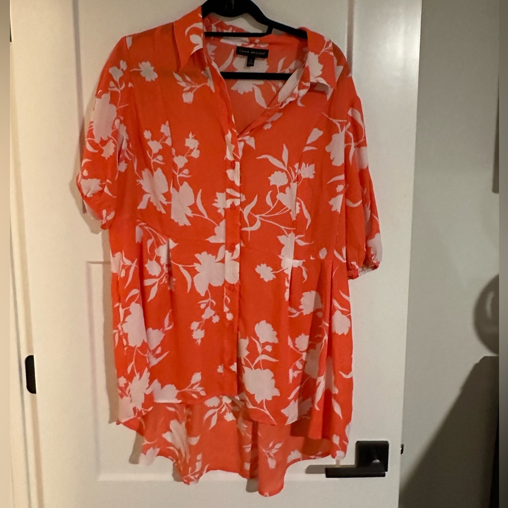 Lane Bryant Size 16 Button Up With High/ Low - Coral And White Flowers